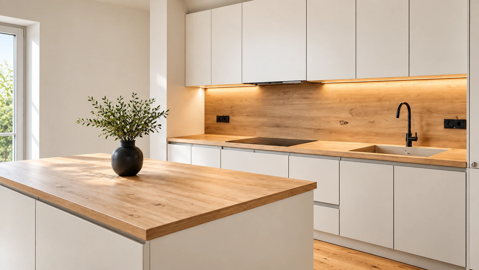 Moderne Einbauküche mit Holzarbeitsplatte, weißen Fronten und warmer Beleuchtung